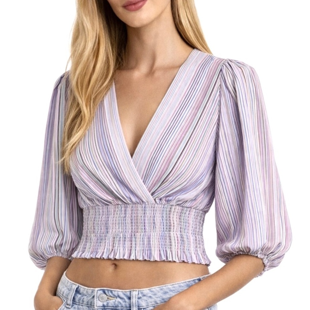 ZARA Striped Balloon Puff Sleeve Top Size L